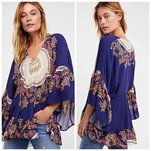 FREE PEOPLE Women's Sunset Dreams Ruffle Top In Blue Size S NWOT